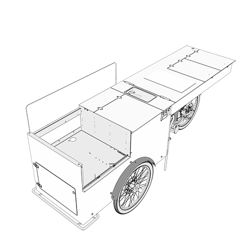 Ein innovatives E-Lastenfahrrad als Food Bike, das eine vollwertige mobile Küche auf Rädern darstellt. Auf dem robusten Fahrrad ist eine kompakte, aber funktionale Kochstation integriert, die mit einem Kochgerät ausgestattet werden kann. Ein eingebauter Kühlschrank sorgt dafür, dass Lebensmittel und Getränke stets gut gekühlt sind. Die mobile Küche kann flexibel mit Gas oder Strom betrieben werden, wobei der Gasbetrieb dem Food Bike vollständige Autarkie verleiht. Das Fahrrad selbst wird von einem leistungsstarken Elektromotor in der Mitte angetrieben, was für eine mühelose Fortbewegung sorgt – perfekt für den mobilen Einsatz bei Events, Märkten oder Festivals. Diese mobile Küche auf drei Rädern bietet maximale Flexibilität und Unabhängigkeit in jeder Umgebung.