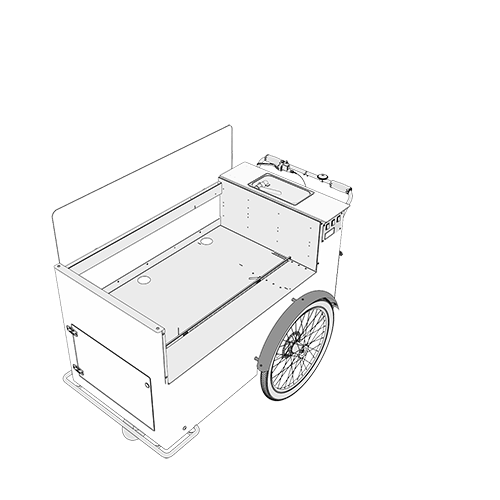 Ein innovativer Pushcart, der eine vollwertige mobile Küche verkörpert. Auf dem robusten Wagen ist eine kompakte, aber äußerst funktionale Kochstation integriert, die nach Belieben mit zwei Kochgeräten ausgestattet werden kann. Die flexible mobile Küche lässt sich wahlweise mit Gas oder Strom betreiben, wobei der Gasbetrieb dem Food Bike vollständige Autarkie und Unabhängigkeit garantiert. Ideal für den Einsatz bei Events, Straßenmärkten oder als mobile Gastronomielösung, vereint dieser Pushcart Funktionalität und Flexibilität in einem stilvollen Design.