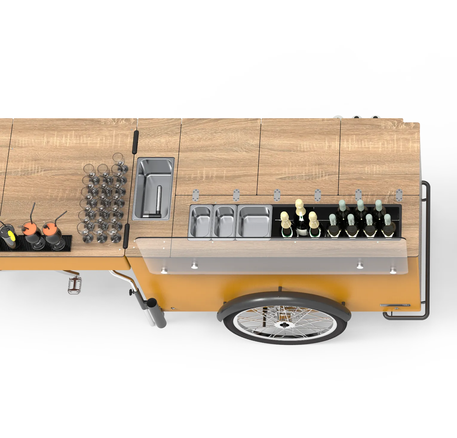 eine mobile bar auf rädern. ein Lastenrad mit einem Aufbau der eine 240 Liter Kühleinheit verfügt.